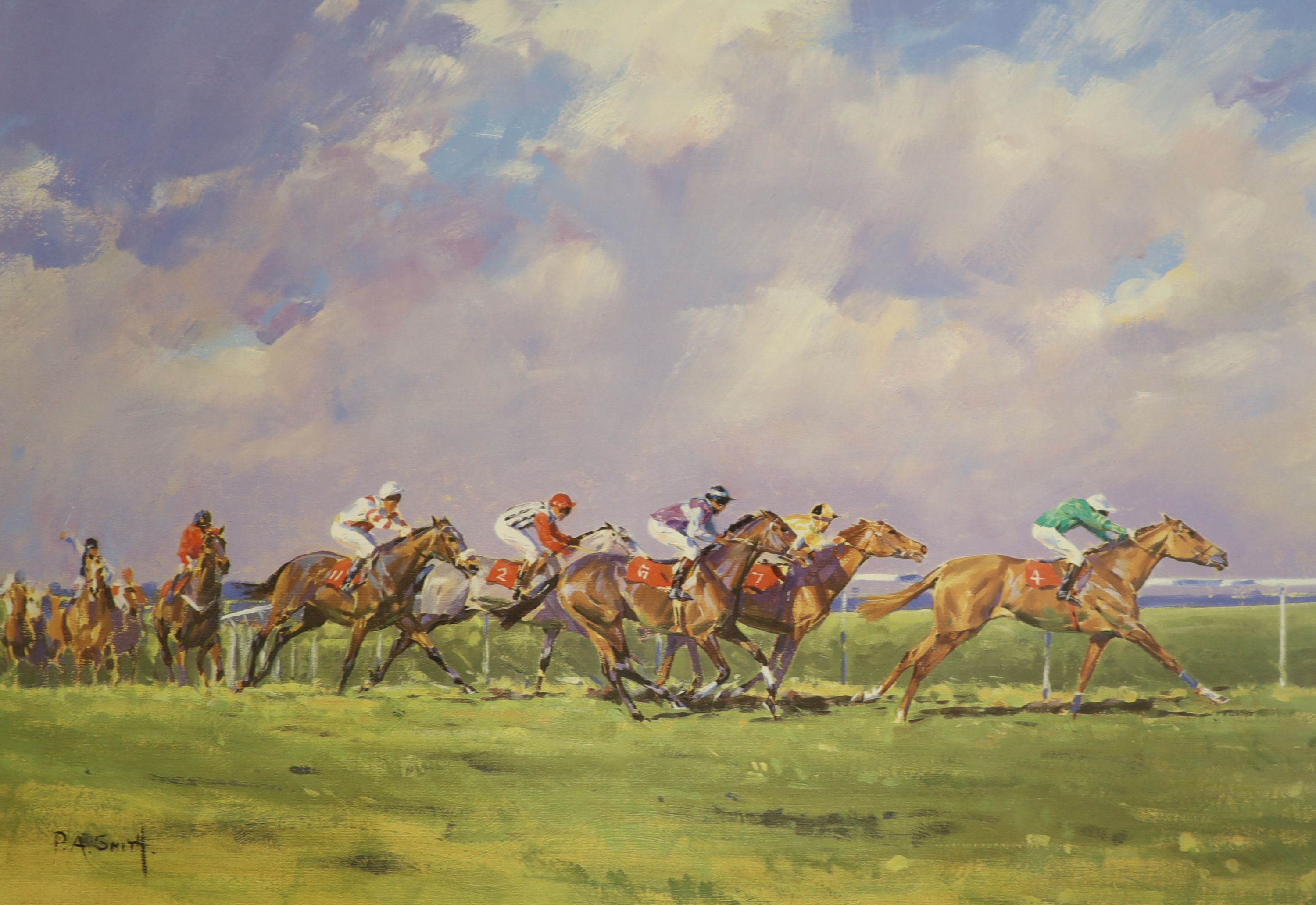 A group of pictures and prints, including a screenprint of the Cote D'Azur and horse racing subjects